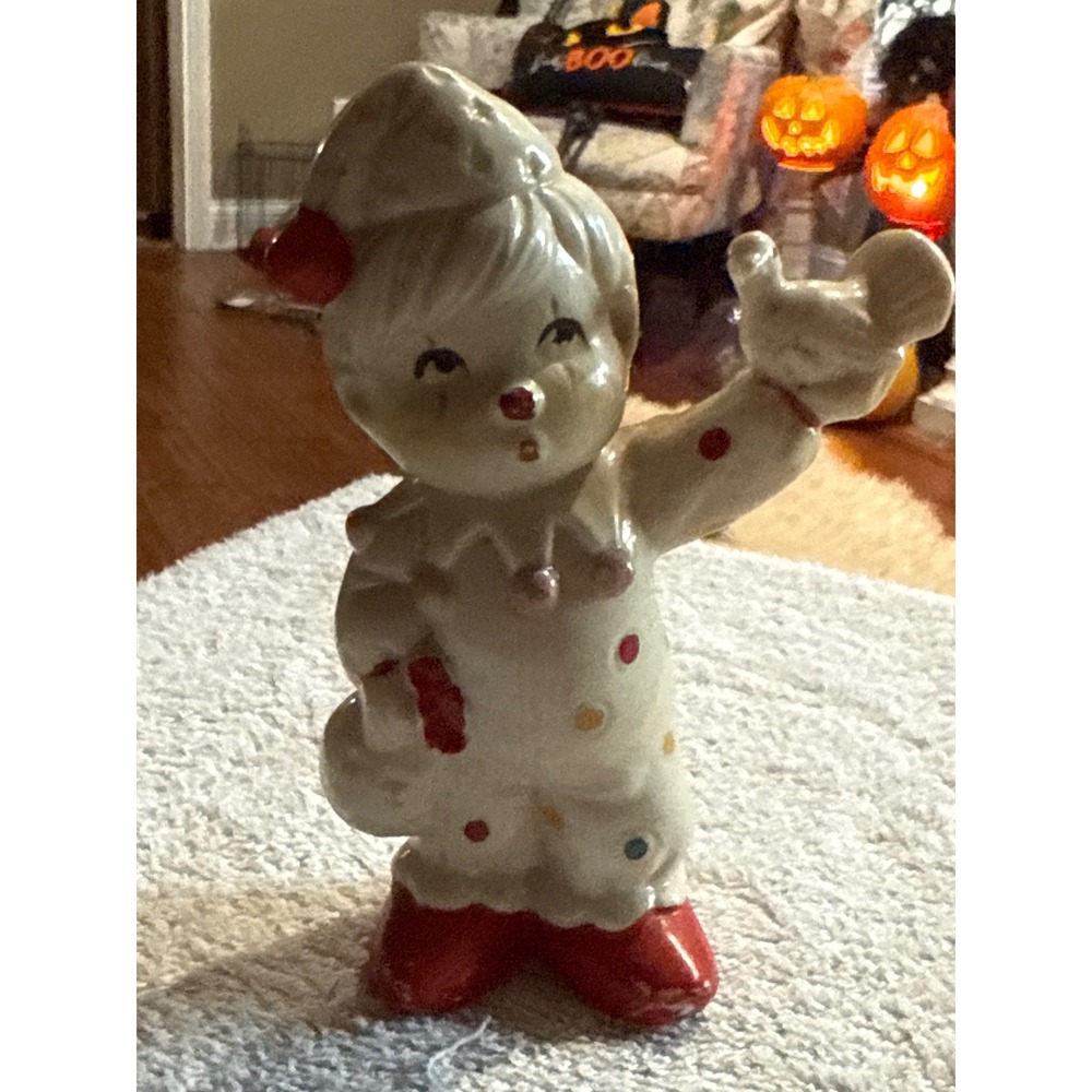 Vintage Ceramic Polka Dot Clown Figurine with Bird Red Shoes 5 Inch Retro Decor